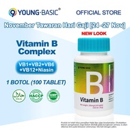 【NEW LOOK】9YOUNG-BASIC Vitamin B Complex 1 Botol 100 tablet Supplement B1 B2 B6 B12 Niacin，Biotin，Fo