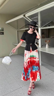 Set CV Đầm Dập Ly Sang Trọng - Glady G370 - Đầm Xòe Dáng Dài Phối Hoạ Tiết Cao Cấp