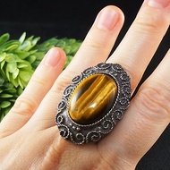 Yellow Brown Cat Eye Tiger Eye Adjustable Ring Large Boho Ethnic Ring Jewelry