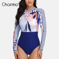 Charmo Women's Swimsuits Long Sleeve Rashguard Zip Up Back Swimwear UPF 50+Floral Swimsuit