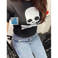 (Expert) skull crop top y2k baby tee harajuku acubi goth aesthetic outfit Short Stretch Shirt