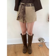 GRASS Slimmer Look Feel With Leopard Print Belt Suede High Waist Shorts Small A-Line Pants Casual B3