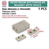 1pcs - 20mm x 10mm x 4mm Earth Neodymium Rectangular Magnet with two holes