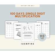 IU10 - PDF/Softcopy 100 Days Single Digit Multiplication 115 Pages (7-9 Years)