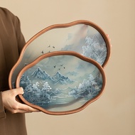 Mountainscape Glass Tray Pot Ink Style Begonia Flower Pattern