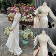 Modern floral embroidered ao dai with white silk pants 4-panel reformed ao dai for holiday parties C