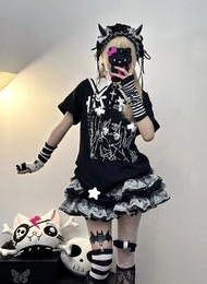 ย้อนยุค โลลิต้า Punk Dark Harajuku Y2K Millennium Spice เด็กผู้หญิง ลูกไม้ กระโปรงชั้น ผู้หญิง อ้วน