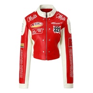 ผู้หญิงสีแดงและสีขาว Colorblock PU Biker Jacketขาตั้งซิปด้านหน้าตกแต่งเย็บปักถักร้อยเรขาคณิตกลับฤดูใ