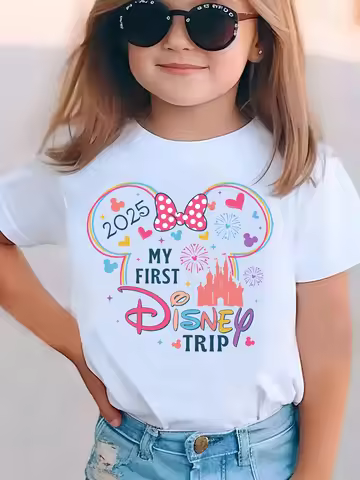 2025 MY FIRST THEME PARK TRIP" Minnie Mouse Graphic Tee for Boys and Girls Casual Summer Fireworks R