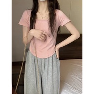 ins Korean Version Short-Sleeved Square Collar T-Shirt Women Slim-Fit Design Niche Bottoming Shirt T