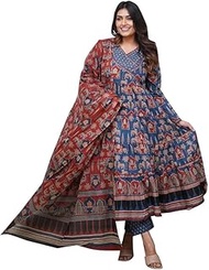 Women's Cotton Handwork Classy Ajrakh Print Full Flair Anarkali Kurti Pant With Dupatta Set