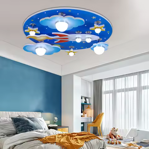 23.62" Modern Cartoon LED Ceiling Light Dimmable Blue Wood Cosmic Stars Flush Mount Chandelier Child