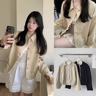 (Item L1/ New) 2-Layer Khaki BomberJacket Turn-down Collar with Lace Trim and Wrapped Buttons Vintag