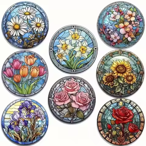8-Piece Floral Themed Wooden Coaster Set, Round and Durable Composite Wooden Coaster for Desktop Pro