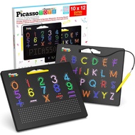 PicassoTiles 2-in-1 Magnetic Drawing Board Toy 12x10 inch Magnet Bead Tablet Pad With 2 Facings Alph