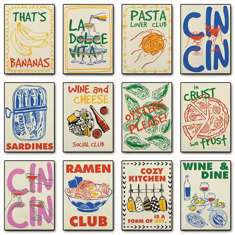 Retro Italian Cocktail Pizza Japanese Ramen Club Wine Cheese Food Poster Print Wall Art Pictures Can