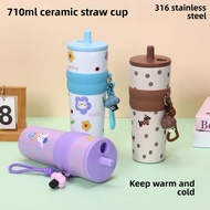 Cartoon Ceramic Tumbler With Handle 710ml 316 Stainless Steel Insulated Flask Water Bottle Tumbler