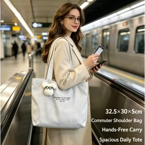 Large Capacity Canvas Bag, New Casual Striped Lazy Simple Commuter Tote Bag, Versatile Shoulder Tote