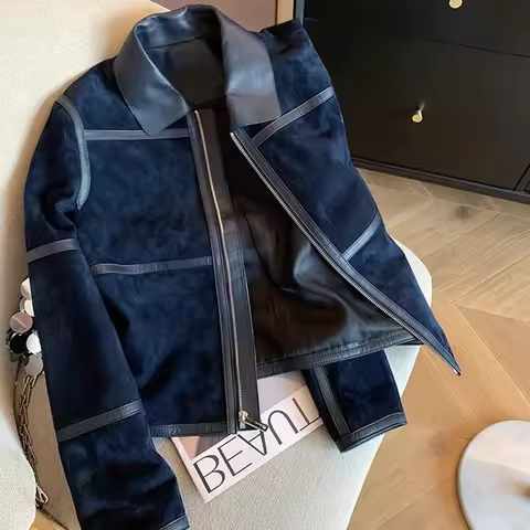 Navy Blue Short Jacket For Women American Retro Style Suede Splicing PU Spring Autumn Sweet Cool Str