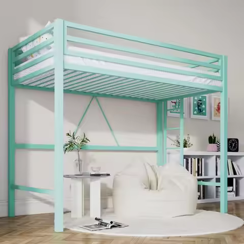 Size Loft Bed - Heavy Duty Metal Slats, Ladder & Guardrail - Aqua Blue, Space Saving