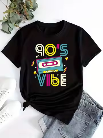 90s Vibes Print T-Shirt Crew Neck Casual Short Sleeve Top for Summer and Spring Ropa Mujer Women's C