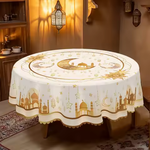 1 Piece, Low-Key Luxury Gold-Plated Ramadan-Themed Polyester Tablecloth + 4 Self-Adhesive Stickers,