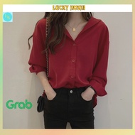 Unique, youthful brown long-sleeved loose-form women's shirt made of soft, smooth, cool silk with li