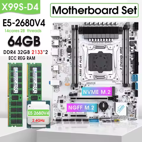 X99 D4 Motherboard Set kit xeon E5 2680 V4 Processor LGA 2011-3 Kit with 2X32=64GB DDR4 RECC RAM pla