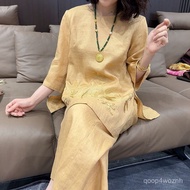 Taiwan Shipping Cotton Linen Suit Women Three-Quarter Sleeve Top Wide-Leg Pants Casual Summer Fashio