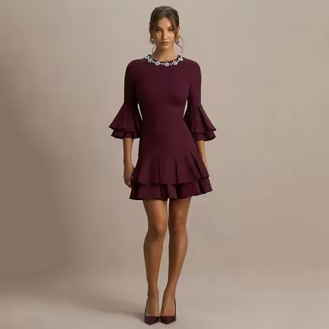 Customized Mini Cocktail Dress 3/4 Sleeves Ruffles Tiered Mermaid Women's Cocktail Gowns Short Cryst
