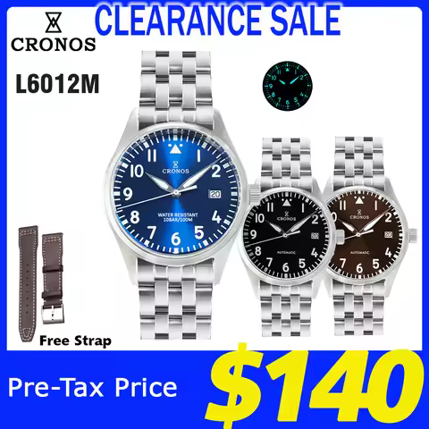 Cronos Pilot Flieger Mechanical Men Watch 39mm Stainless steel Super Lum Domed Sapphire Crystal Leat