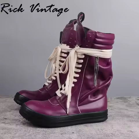 Rick Vintage High Top Boots Men‘s Winter Shoes Genuine Leather Motorcycle Boots Lace-up Zipper Long