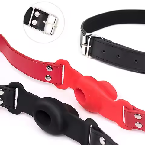 BDSM Fun Silicone Mouth Gag Hollow Design with Saliva Flowing Leather Mouthpiece Ball SM Punish Forc