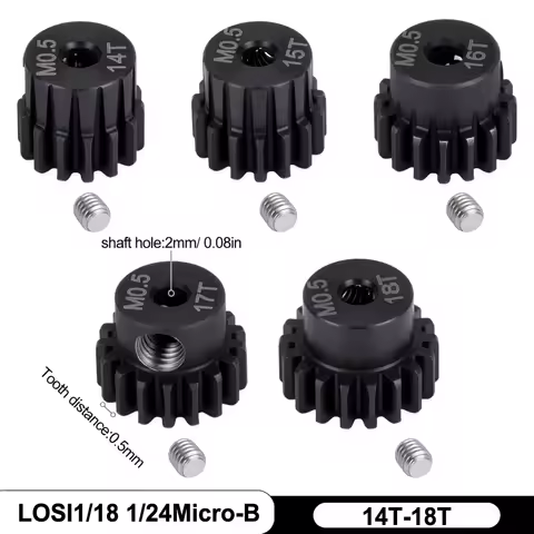 M0.5 2mm Shaft 14T-18T Metal Pinion Gear, for LOSI 1/18 1/24 Micro-B Buggy, RC Car Motor Accessories