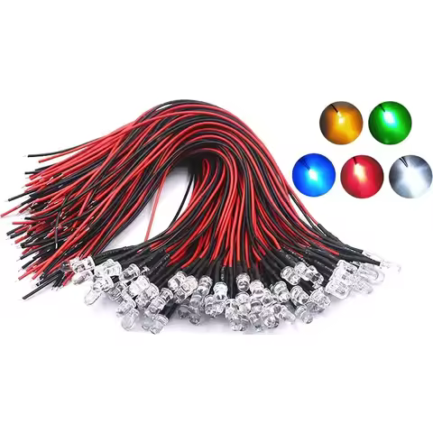 50Pcs 5V 12V 5mm LED Diode Lights 7.9 Inch Pre Wired 5 Colors Assorted Kit White Red Green Blue Yell