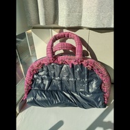 Chanel 深藍尼龍紫紅毛呢邊大保齡球包