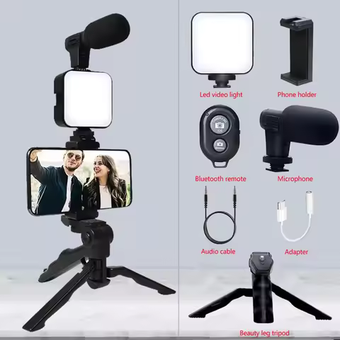 AY49 Smartphone Vlogging Kit With Tripod Phone Holder Mini Microphone LED Fill Light Starter For Liv