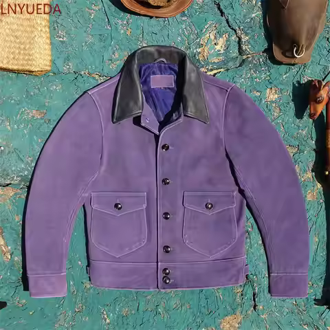Men 1920 Vintage Lapel Biker Jacket Purple Suede Cowhide Genuine Leather Outerwear
