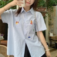 groove_grace -พร้อมส่ง-เสื้อผ้าสไตล์เกาหลี เสื้อแฟชั่นผู้หญิง เสื้อเชิ้ตผู้หญิงแขนสั้นพิมพ์ลายหมี เส