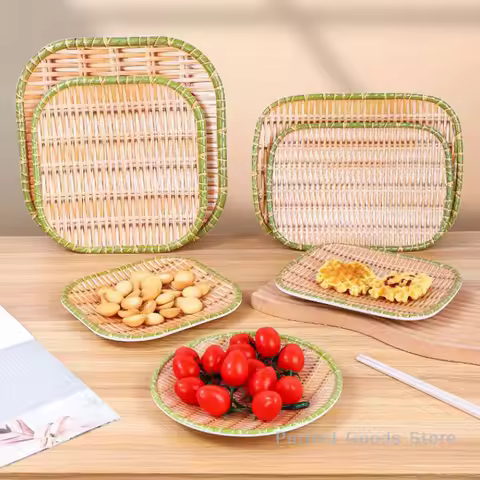 Bamboo Weaving Hot Pot Vegetable Plate Multiple Styles Melamine Barbecue Plate Green Serving Plate R