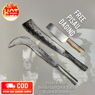 ( HEMAT ) Paket Bendo Dan Golok Baja Gagang Besi Free Pisau Daging Berkuwalitas - Golok Penebang Kay