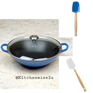 Le Creuset Signature Cast Iron Wok 32cm in Marseille Blue with 2 Spatula