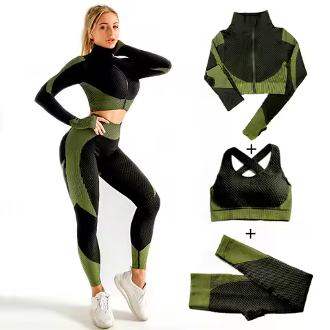 Women Seamless Yoga Sets 2Pcs/3Pcs Women's Zipper Tracksuit Long Sleeve +Sport Bra+Leggings Sports S