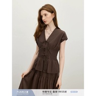 Versace Lann Coffee Color Commuter v-Neck Short-Sleeved Narrow-Waisted Shirt Women 26 Summer Bow Lac