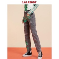 LALABOBO復古印花高腰牛仔褲