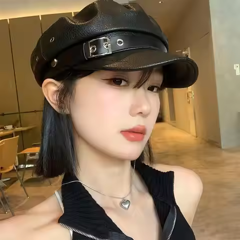 New Women's PU Leather Beret Hat Vintage England Flat Top Newsboy Caps Outdoor Casual Visor Black Ar
