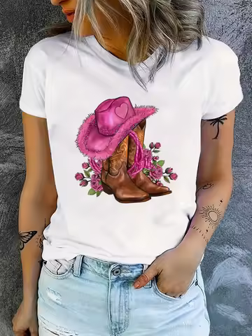 Cowgirl & Floral Print Crew Neck T-shirt Casual Short Sleeve Summer TopWomen's Clothing