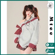 Mtee off-the-shoulder sweater with bow tie, sweet and personality checkered sweatshirt_AT76