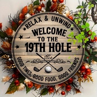 Vintage 8" Round Golf Sign 1pc "Welcome to the 19th Hole" | Door Sign for Home Bar, Garage, Man Den 