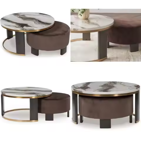 Contemporary Faux Marble Nesting Coffee Tables with Velvet Ottomans, Set of 2, White